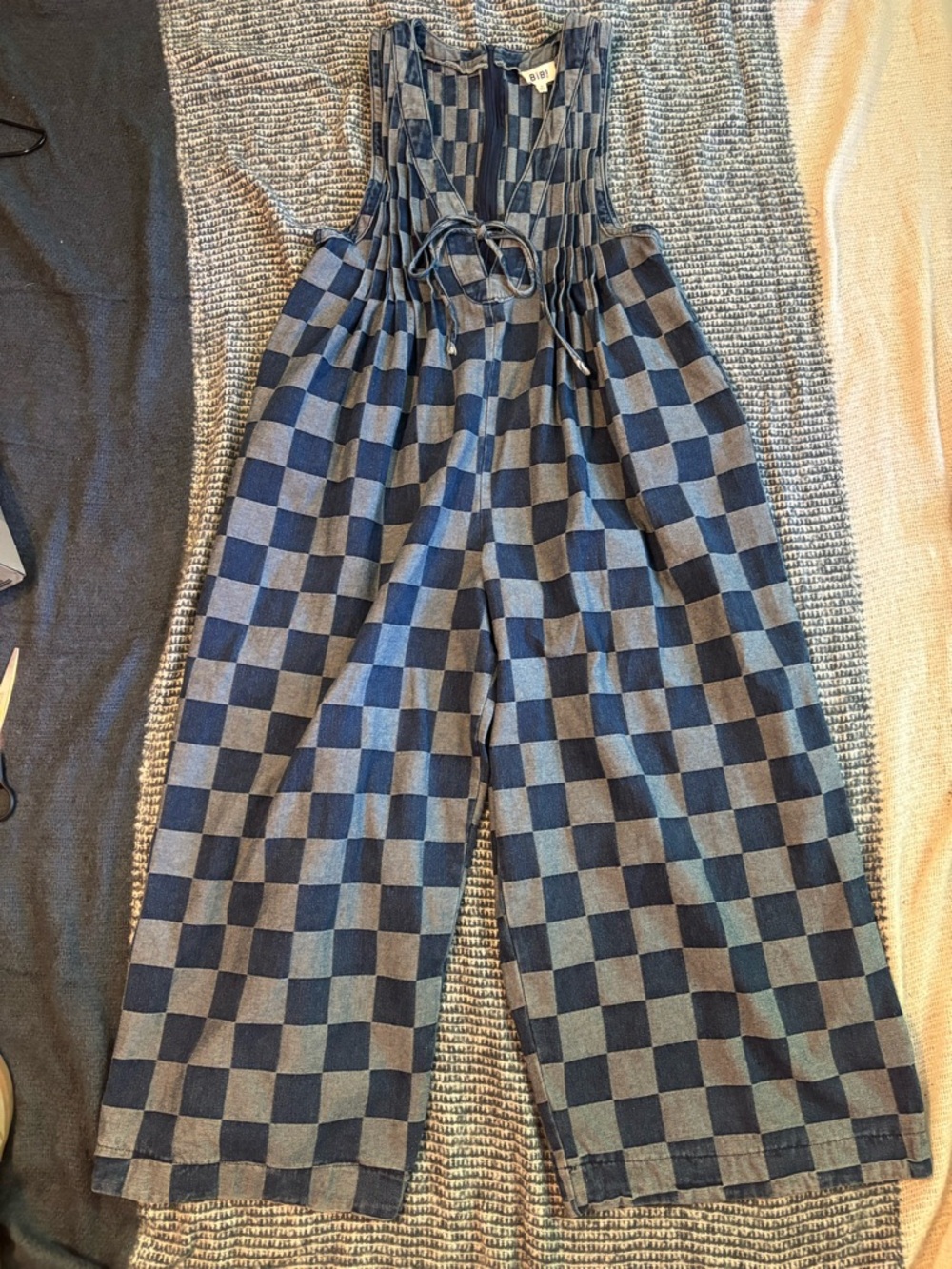 BiBi Navy & Light Blue Checkerboard Wide-Leg Jumpsuit